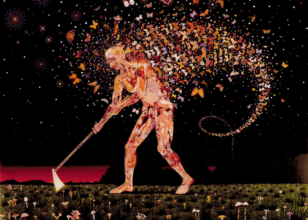 Image credit: Fred Tomaselli, 2003, 60″ x 84″, photo-collage, gouache, acrylic and resin on wood panel, © 2003, courtesy of James Cohan Gallery and the artist